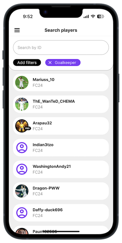 Suche nach Clubs oder Spielern mit Filtern wie Land, Level oder Position